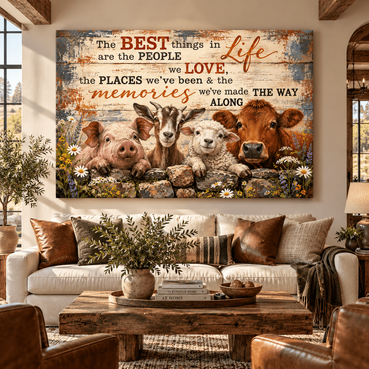 Farm Animals Inspirational Quote Canvas Wall Art – The Best Things in Life Rustic Farmhouse Painting - ART OF ROYALS