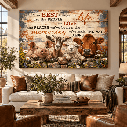 Farm Animals Inspirational Quote Canvas Wall Art – The Best Things in Life Rustic Farmhouse Painting - ART OF ROYALS