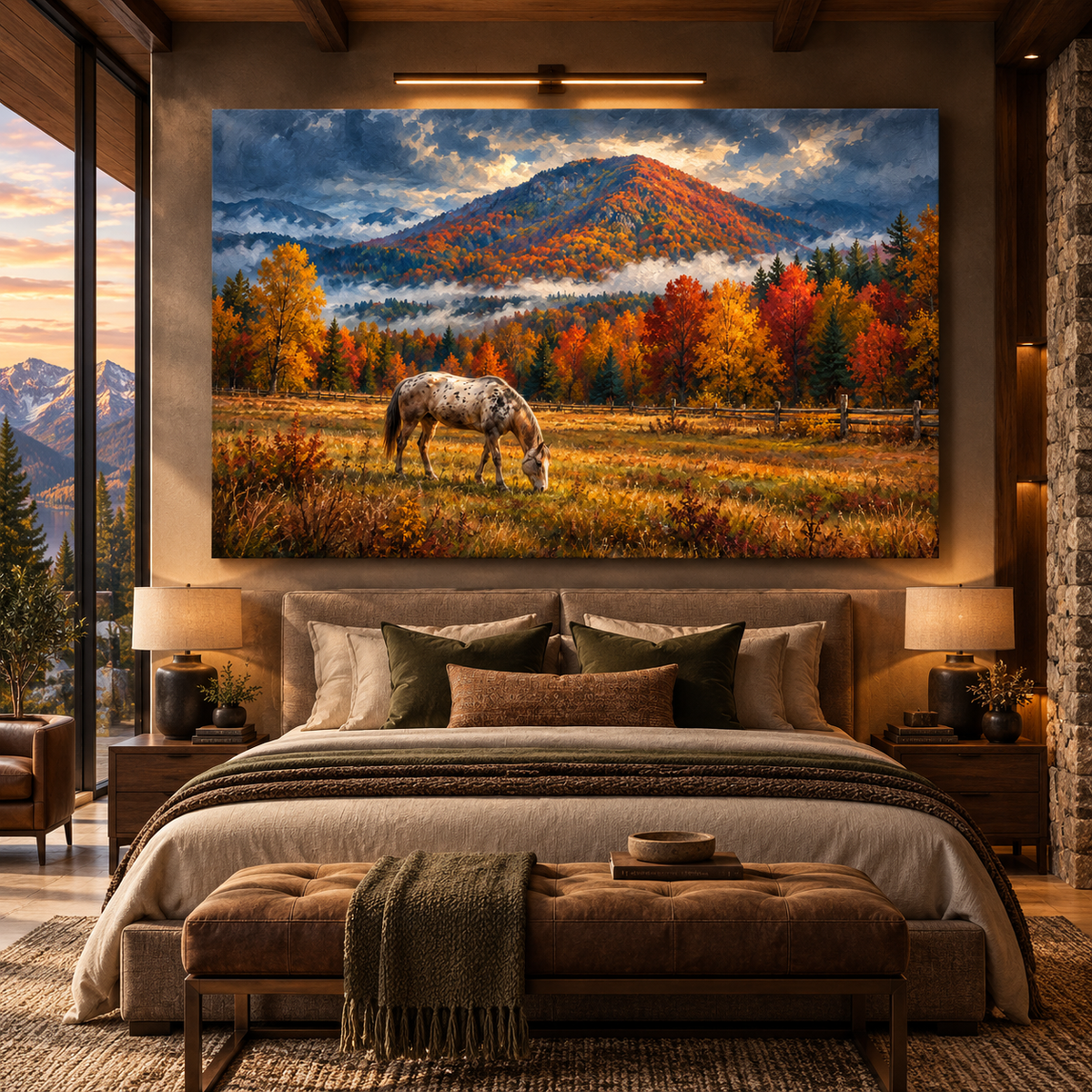 Appaloosa Horse in Autumn Mountain Meadow Wrapped Canvas Wall Art – Rustic Western Landscape Painting