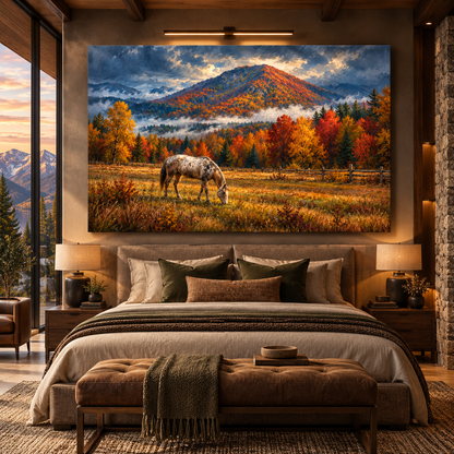 Appaloosa Horse in Autumn Mountain Meadow Wrapped Canvas Wall Art – Rustic Western Landscape Painting