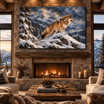 Gray Wolf on Snowy Mountain Wrapped Canvas Wall Art – Majestic Winter Wilderness Wolf Painting - ART OF ROYALS