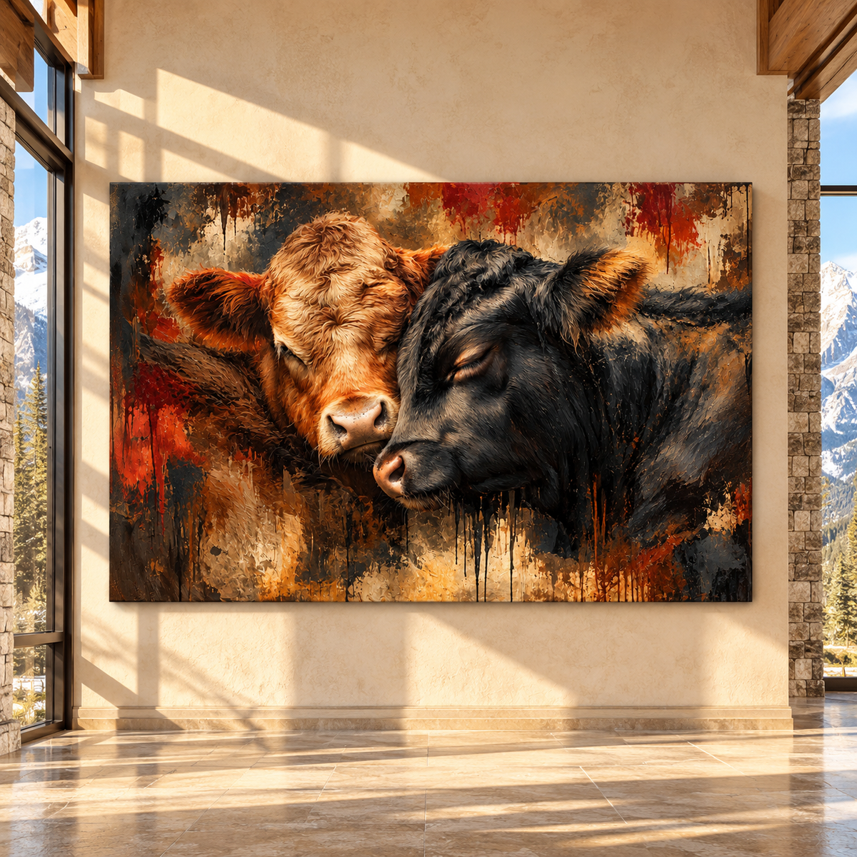 Hereford & Black Angus Cattle Wrapped Canvas Wall Art – Rustic Cow Pair Painting