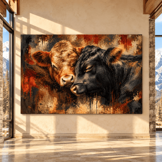 Hereford & Black Angus Cattle Wrapped Canvas Wall Art – Rustic Cow Pair Painting - ART OF ROYALS