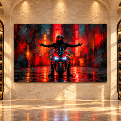 Red Sport Motorcycle Rider Wrapped Canvas Wall Art – Neon Street Bike Painting
