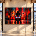 Red Sport Motorcycle Rider Wrapped Canvas Wall Art – Neon Street Bike Painting