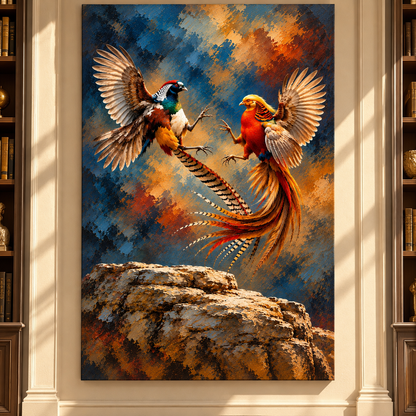 Golden Pheasant Pair in Flight Wrapped Canvas Wall Art – Colorful Game Bird Painting