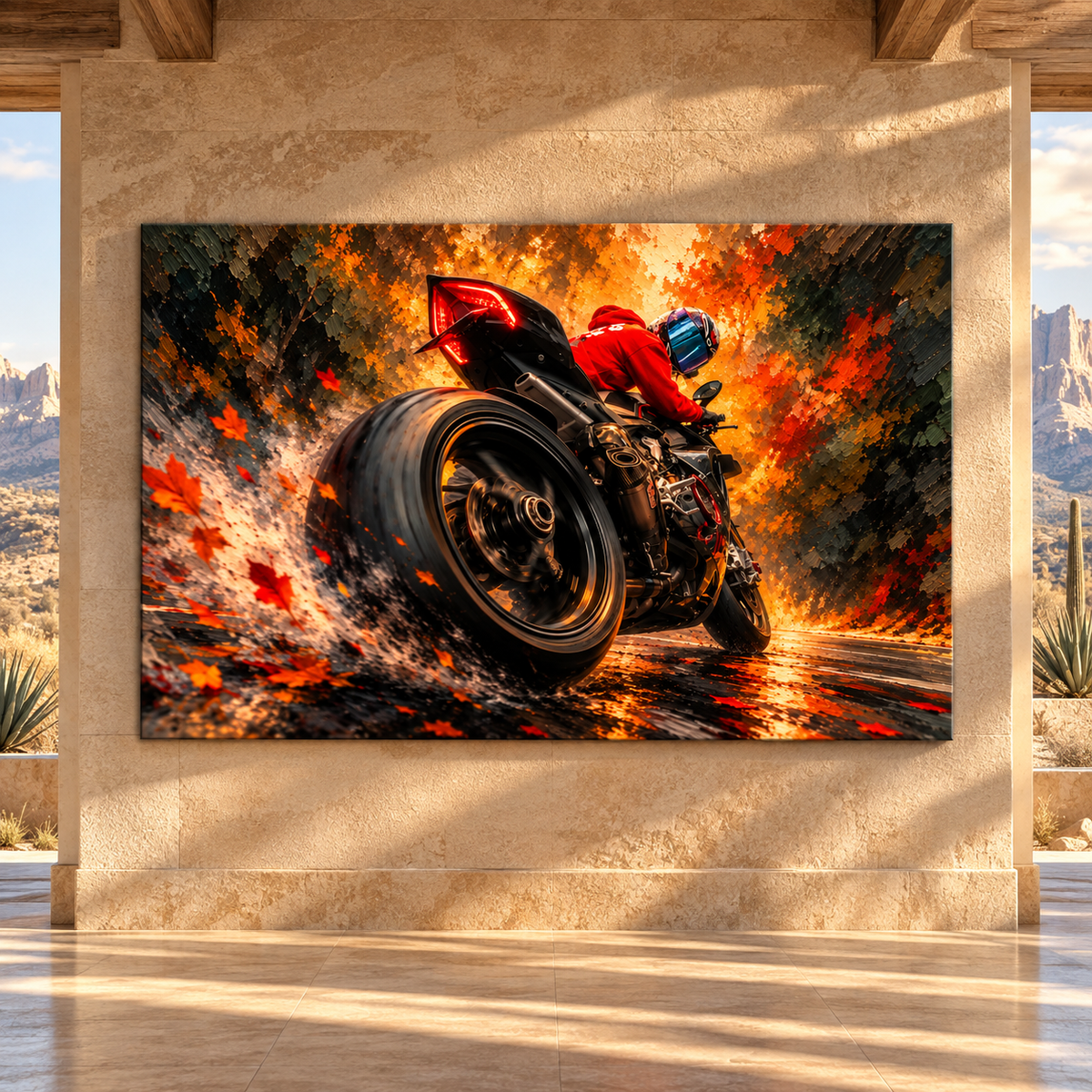 Sport Motorcycle Rider Wrapped Canvas Wall Art – Red Biker Speed & Autumn Road Painting