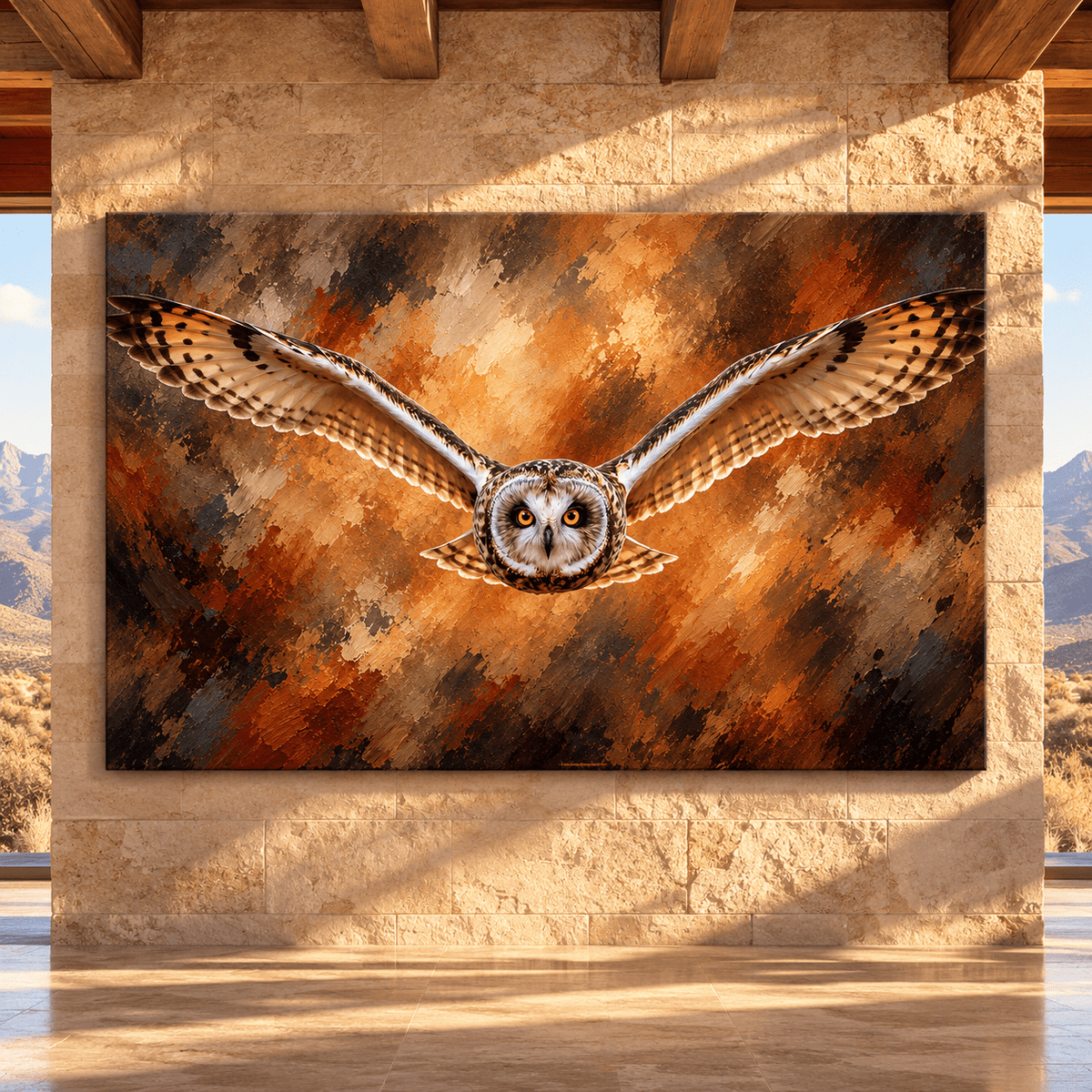 Short-Eared Owl in Flight Canvas Wall Art – Majestic Owl with Spread Wings Oil Painting - ART OF ROYALS