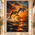 Dolphins Jumping at Sunset Wrapped Canvas Wall Art – Ocean Wildlife Painting