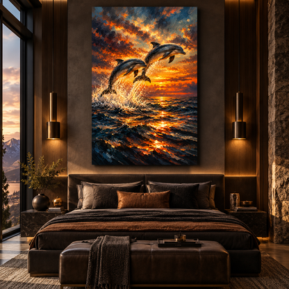 Dolphins Jumping at Sunset Wrapped Canvas Wall Art – Ocean Wildlife Painting