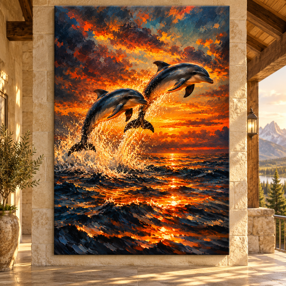 Dolphins Jumping at Sunset Wrapped Canvas Wall Art – Ocean Wildlife Painting