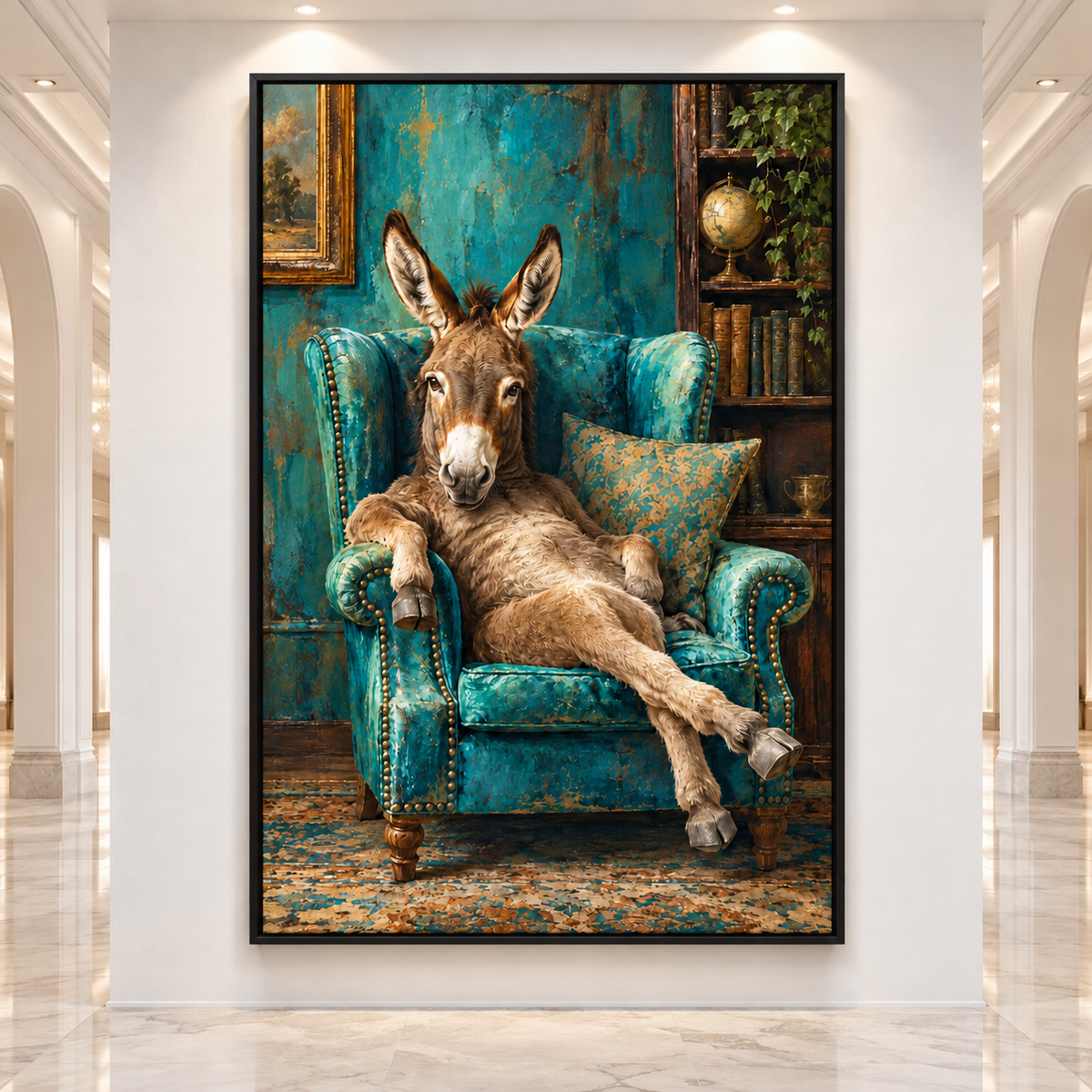 Relaxed Donkey in Teal Wingback Chair Wrapped Canvas Wall Art – Funny Eclectic Farm Animal Print