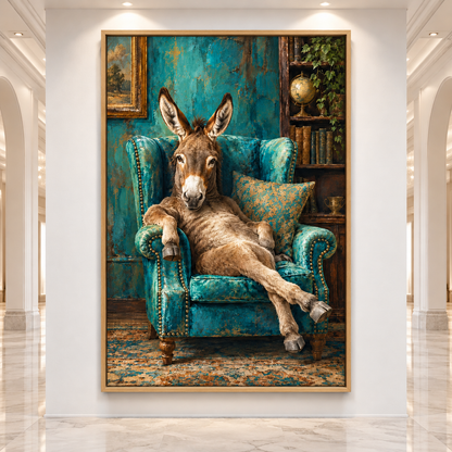 Relaxed Donkey in Teal Wingback Chair Wrapped Canvas Wall Art – Funny Eclectic Farm Animal Print