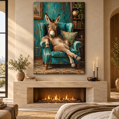 Relaxed Donkey in Teal Wingback Chair Wrapped Canvas Wall Art – Funny Eclectic Farm Animal Print