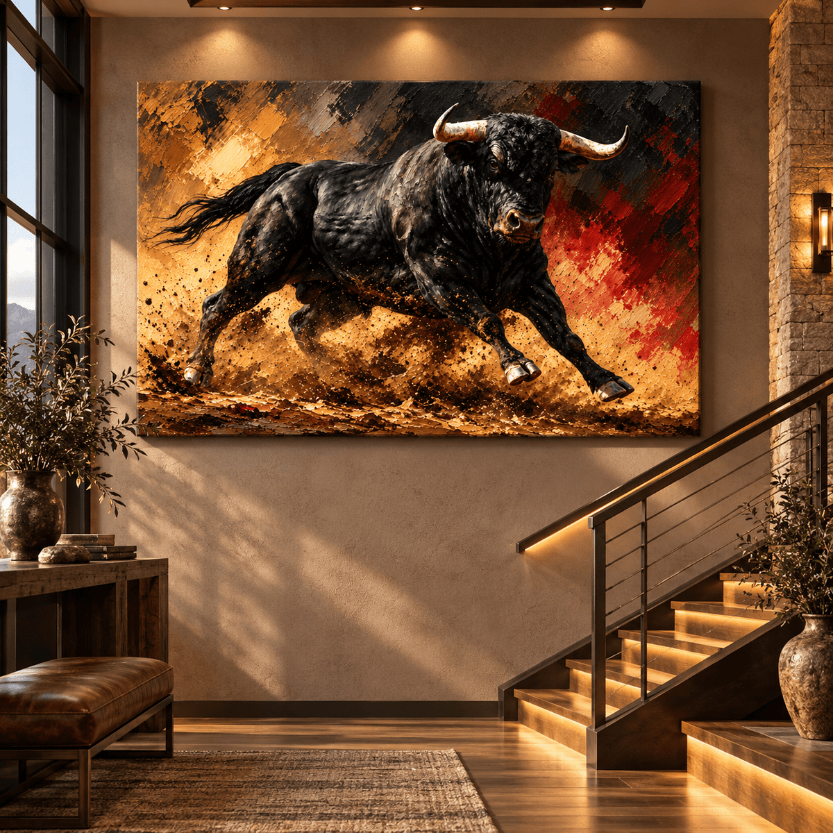 Charging Black Bull Wrapped Canvas Wall Art – Powerful Spanish Fighting Bull Painting - ART OF ROYALS