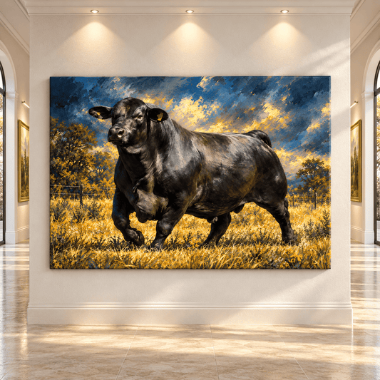 Black Angus Bull Wrapped Canvas Wall Art – Powerful Aberdeen Angus Ranch Cattle Painting - ART OF ROYALS