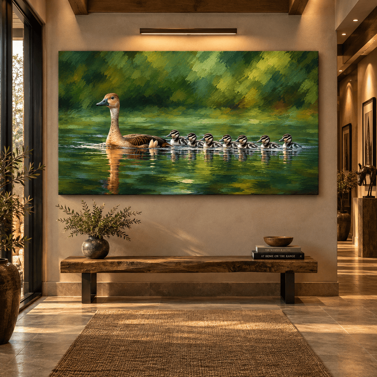 Mother Duck with Seven Ducklings Wrapped Canvas Wall Art – Peaceful Green Pond Wildlife Painting - ART OF ROYALS