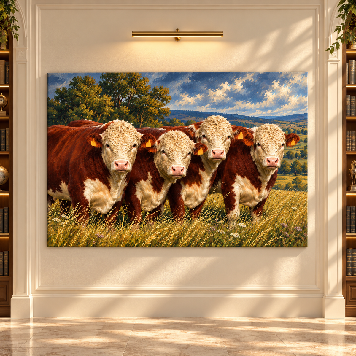 Hereford Cattle Herd Wrapped Canvas Wall Art – White-Faced Cows in Country Pasture Painting