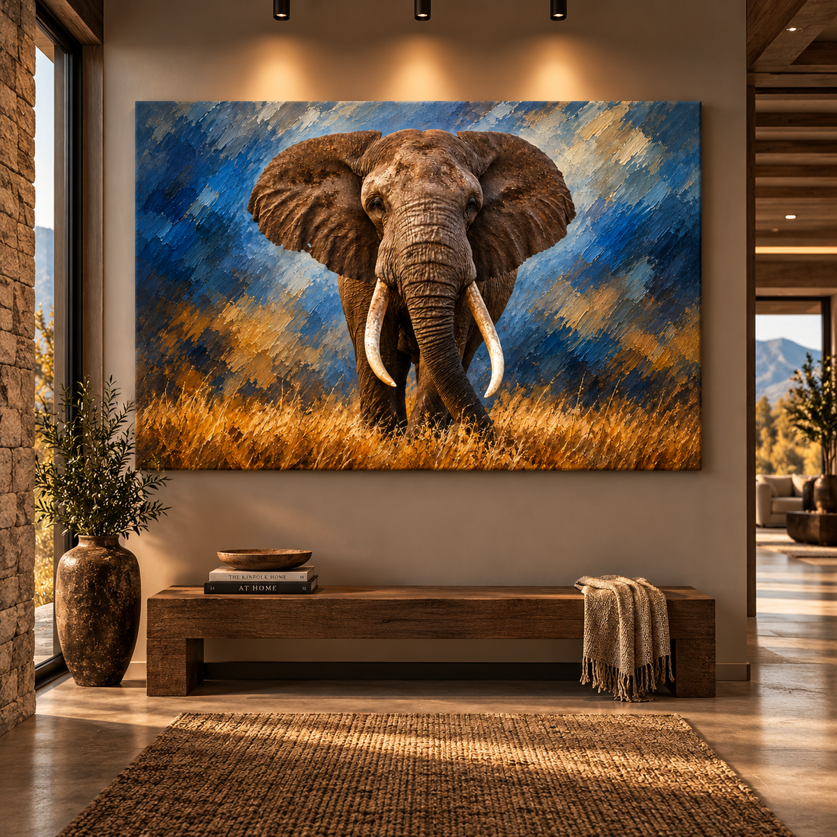 African Savanna Elephant Wrapped Canvas Wall Art – Majestic Tusker Wildlife Painting