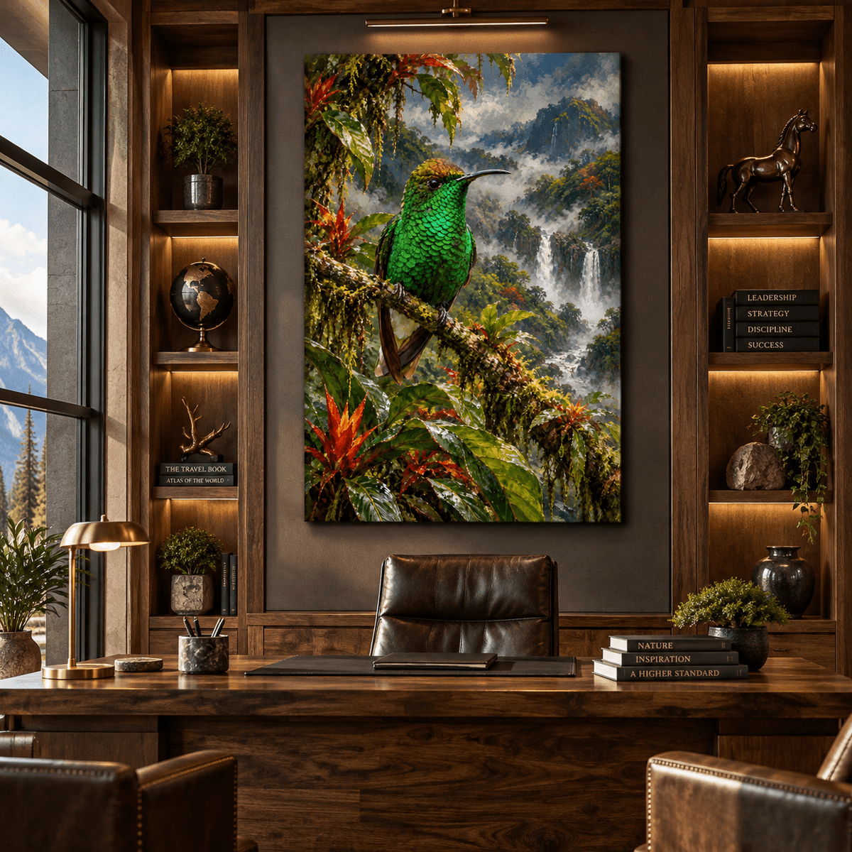 Emerald Green Hummingbird Canvas Wall Art – Tropical Rainforest Waterfall Bird Oil Painting - ART OF ROYALS