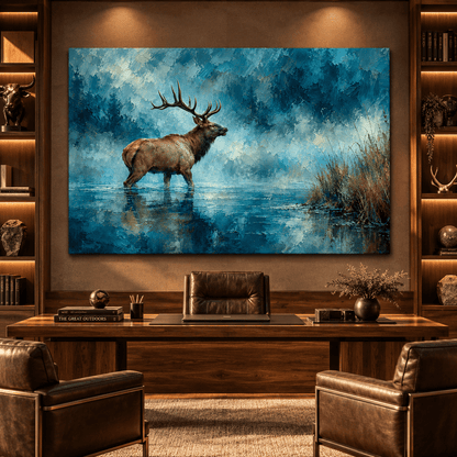 American Elk Bull in Misty Water Wrapped Canvas Wall Art – Rocky Mountain Wildlife Painting