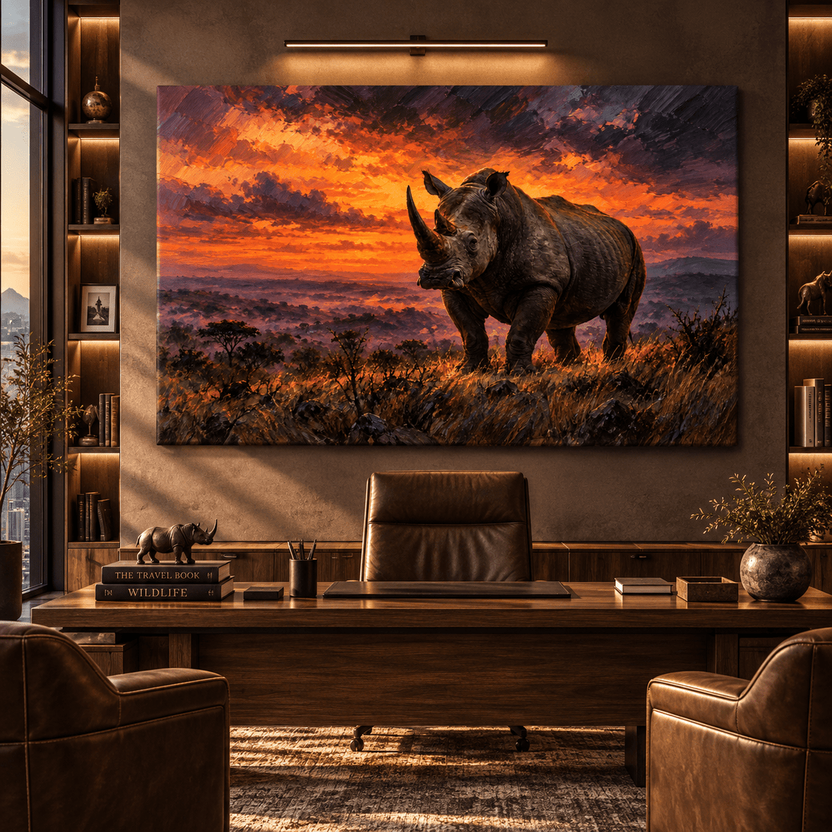 Black Rhinoceros at Sunset Wrapped Canvas Wall Art – African Rhino Wildlife Painting