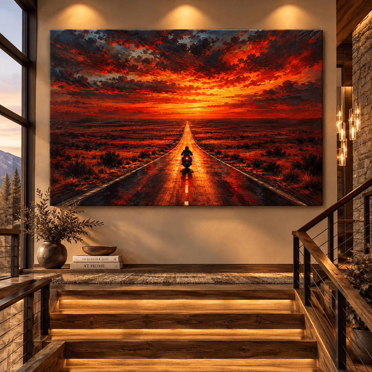 Lone Motorcycle Rider at Fiery Sunset Canvas Wall Art – Endless Desert Highway Oil Painting - ART OF ROYALS