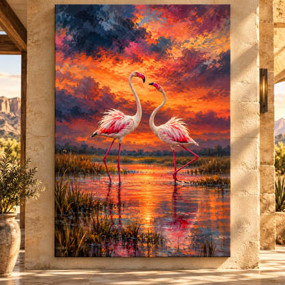 Flamingo Pair at Sunset Wrapped Canvas Wall Art – Romantic Wetland Bird Painting