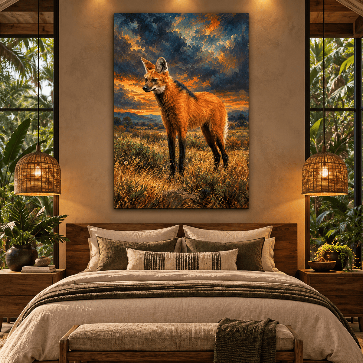 Maned Wolf at Sunset Canvas Wall Art – Golden Grassland Wildlife Oil Painting - ART OF ROYALS