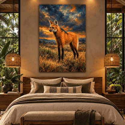 Maned Wolf at Sunset Canvas Wall Art – Golden Grassland Wildlife Oil Painting - ART OF ROYALS