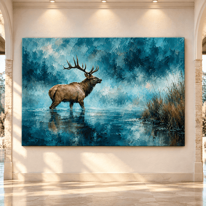 American Elk Bull in Misty Water Wrapped Canvas Wall Art – Rocky Mountain Wildlife Painting