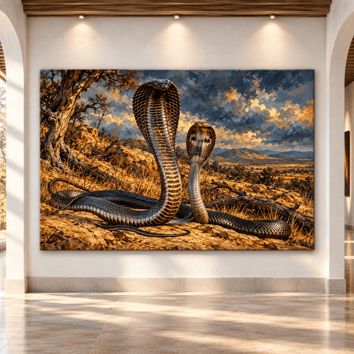 King Cobra Snake Canvas Wall Art – Two Majestic Cobras in a Dramatic Rocky Wilderness Painting - ART OF ROYALS