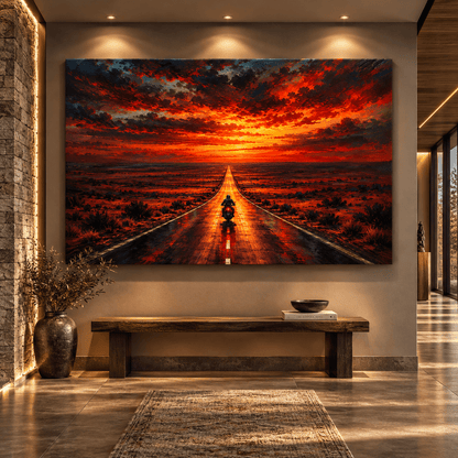 Lone Motorcycle Rider at Fiery Sunset Canvas Wall Art – Endless Desert Highway Oil Painting - ART OF ROYALS
