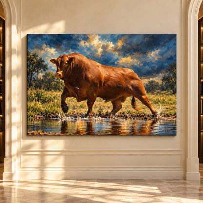 Red Angus Bull Wrapped Canvas Wall Art – Powerful Ranch Cattle Painting