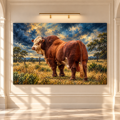 Simmental Bull Wrapped Canvas Wall Art – Red & White Cattle Ranch Painting