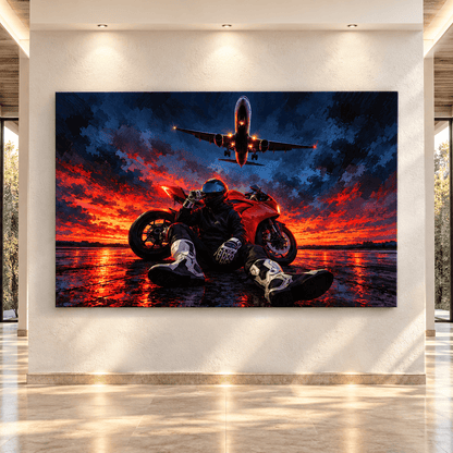 Motorcycle Rider & Airplane Wrapped Canvas Wall Art – Red Sportbike Aviation Adventure Painting