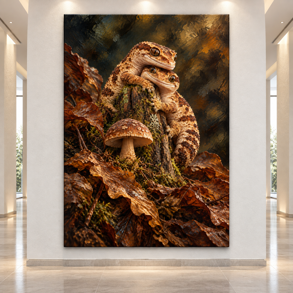 Crested Gecko Pair Wrapped Canvas Wall Art – Woodland Reptile Painting