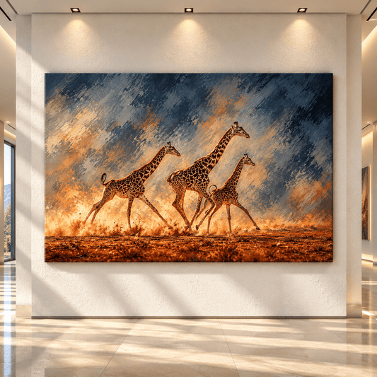 Masai Giraffe Herd Wrapped Canvas Wall Art – Running African Giraffes Wildlife Painting - ART OF ROYALS