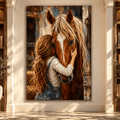 Girl Hugging Chestnut Horse Canvas Wall Art – Heartwarming Equestrian Love Rustic Stable Oil Painting