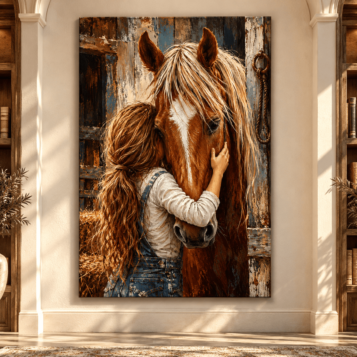 Girl Hugging Chestnut Horse Canvas Wall Art – Heartwarming Equestrian Love Rustic Stable Oil Painting - ART OF ROYALS