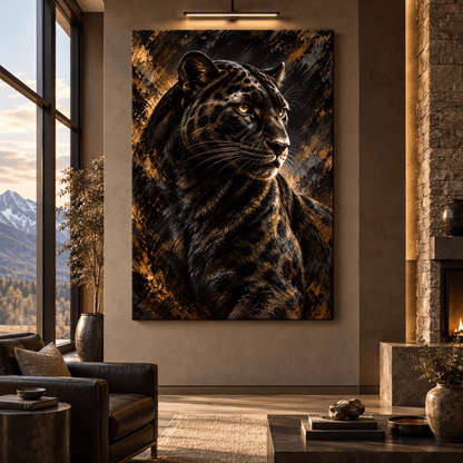 Black Panther Portrait Wrapped Canvas Wall Art – Majestic Dark Leopard Wildlife Painting - ART OF ROYALS