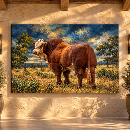 Simmental Bull Wrapped Canvas Wall Art – Red & White Cattle Ranch Painting