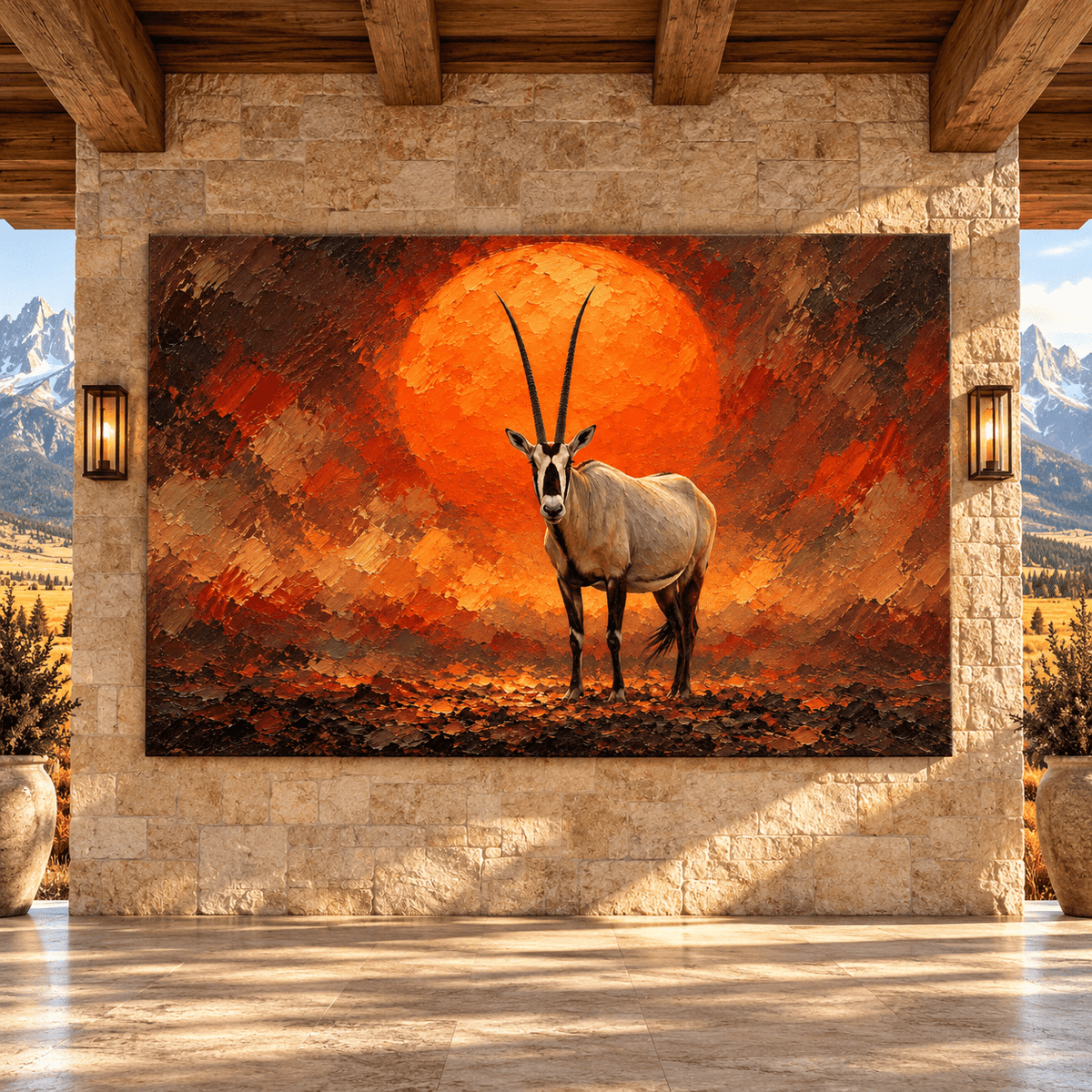 Arabian Oryx at Sunset Canvas Wall Art – Majestic White Antelope with Orange Sun Wildlife Oil Painting - ART OF ROYALS