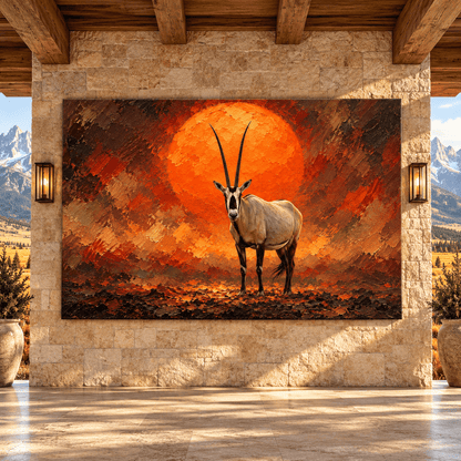 Arabian Oryx at Sunset Canvas Wall Art – Majestic White Antelope with Orange Sun Wildlife Oil Painting - ART OF ROYALS