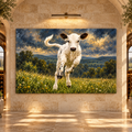 Speckle Park Calf Wrapped Canvas Wall Art – Playful White & Black Calf Meadow Painting