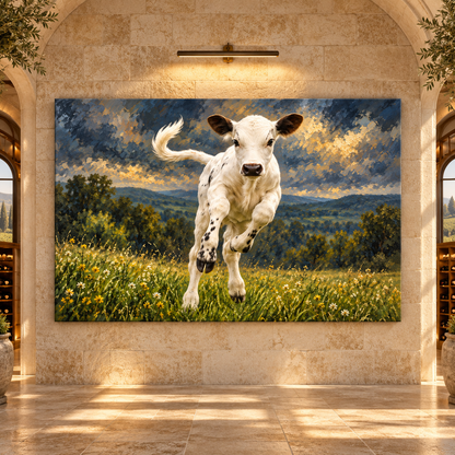 Speckle Park Calf Wrapped Canvas Wall Art – Playful White & Black Calf Meadow Painting