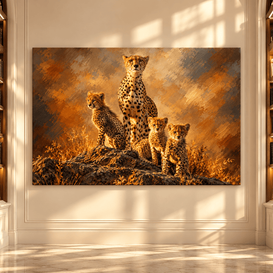 Cheetah Mother & Cubs Wrapped Canvas Wall Art – African Cheetah Family Painting - ART OF ROYALS