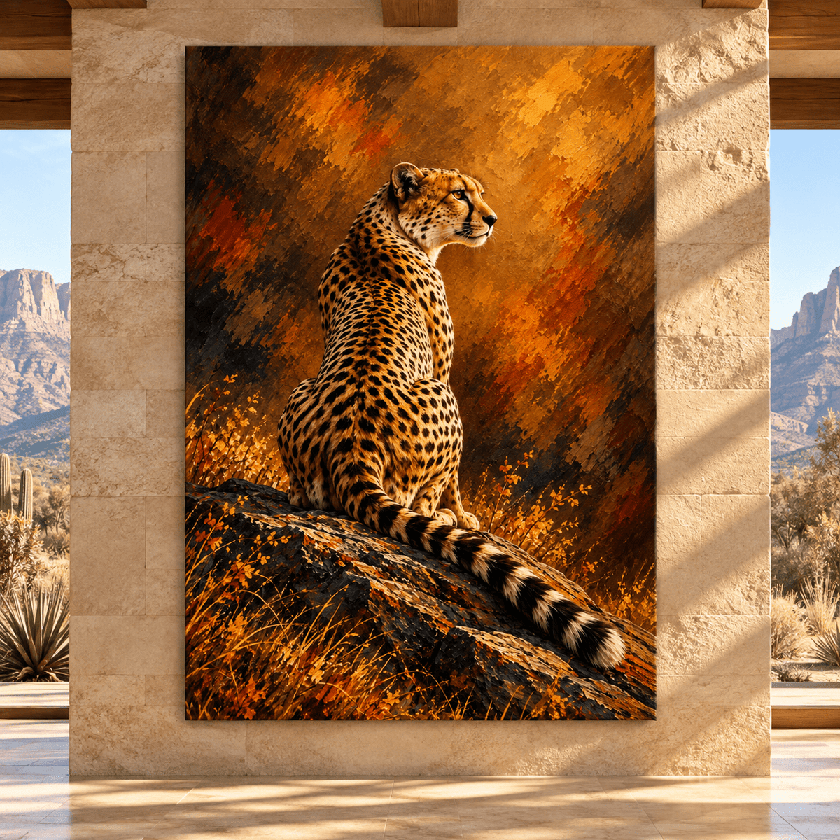 African Cheetah on Rocky Ledge Wrapped Canvas Wall Art – Golden Big Cat Wildlife Painting
