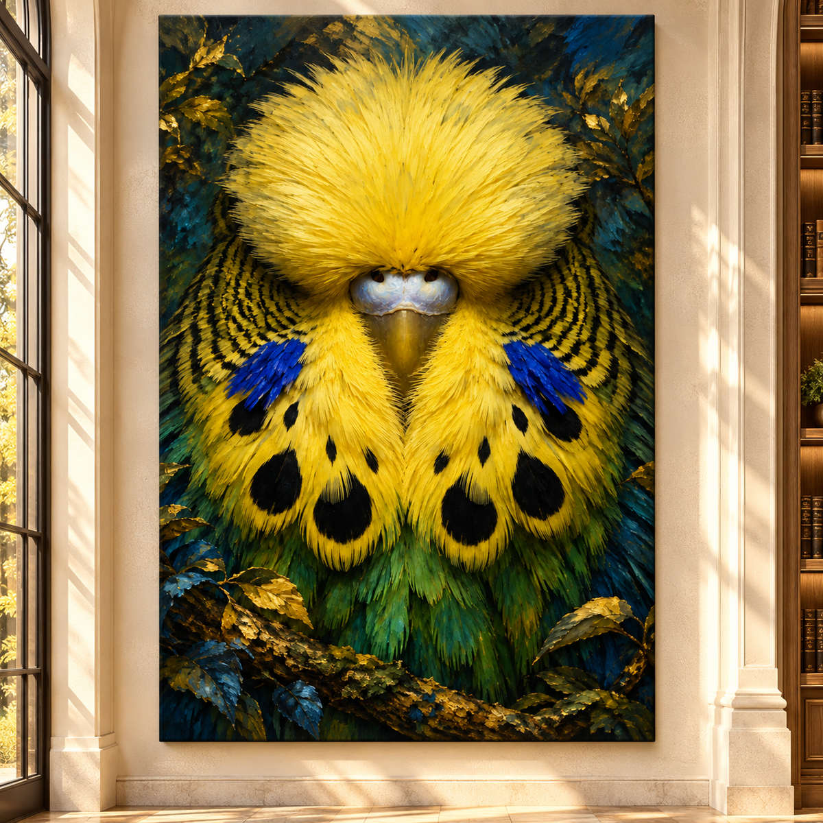 Yellow Budgerigar Portrait Wrapped Canvas Wall Art – Vibrant Parakeet Bird Painting