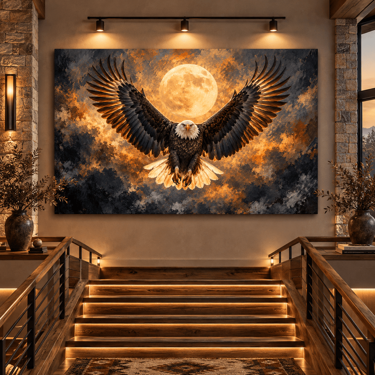 Bald Eagle Full Moon Canvas Wall Art – Majestic Eagle with Spread Wings Wildlife Oil Painting - ART OF ROYALS